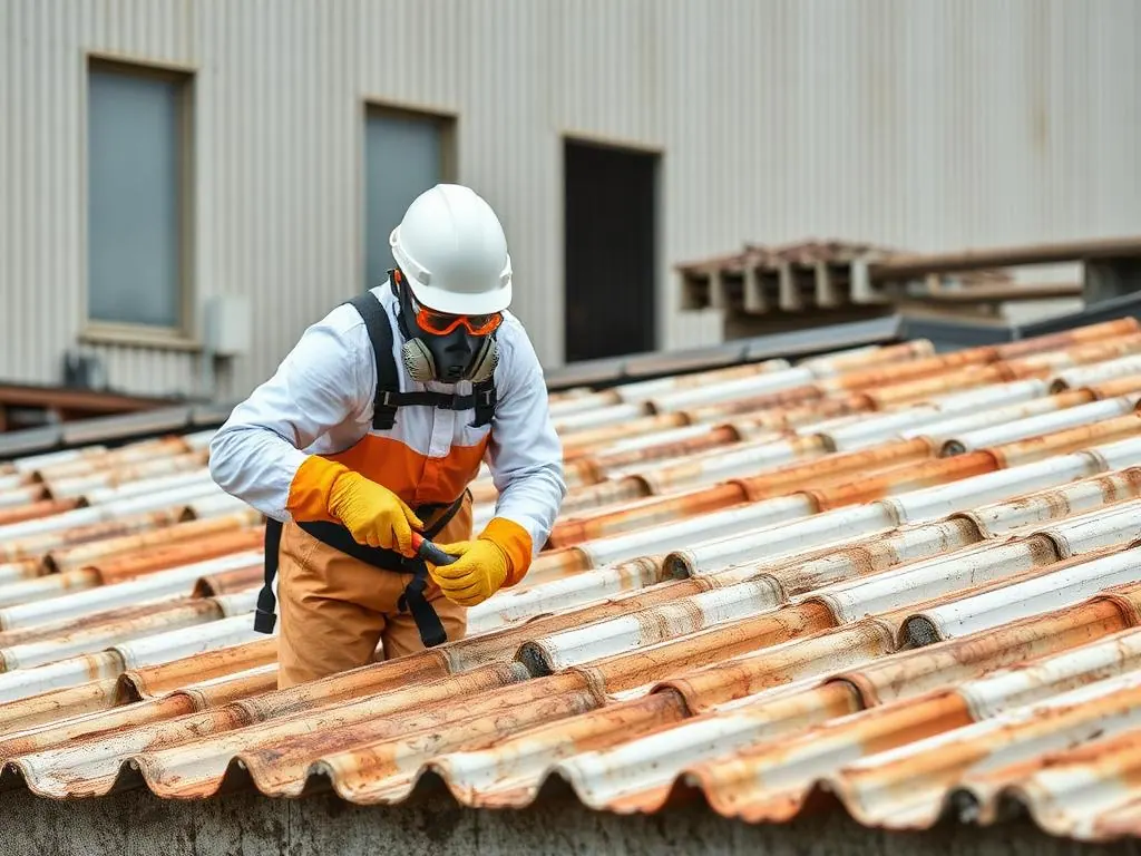 Operatore R.B. s.n.c. durante bonifica amianto su copertura industriale in Veneto